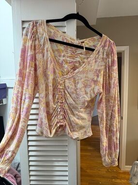 Free People Pink and Yellow Ruched V-Neck Long Sleeve Blouse